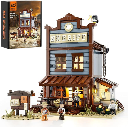 FUNWHOLE F9026 Sheriff's-Office Lighting Building-Bricks Set - The Old Wild West Sheriff's Office LED Light Construction Building Toy Set, for Adults and Teens (1240+ PCs)