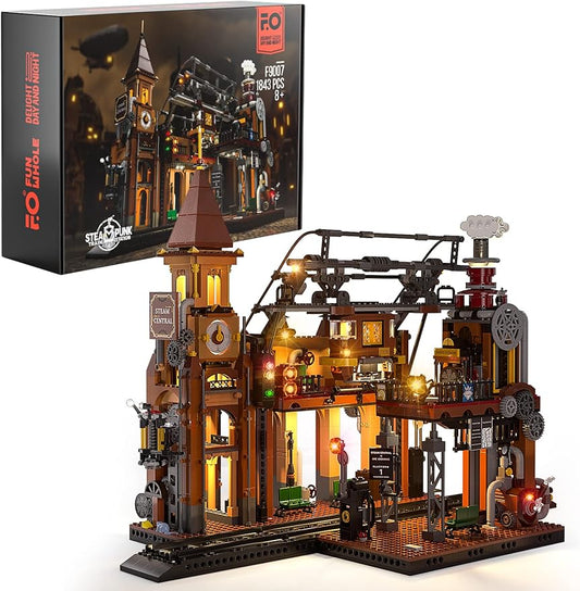 FUNWHOLE F9007 Train-Station Lighting Building Bricks Set - Steampunk LED Light Building Set, Gift for Adults and Teens (1843+ PCs)