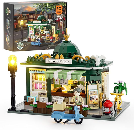 FUNWHOLE F9023 Newsstand Lighting Building Bricks Set - City Town Life Newsstand LED Light Construction Building Model Set, Gift for Adults and  Teens (556+ PCs)